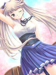  1girl arm_behind_head arm_up armpits black_corset black_ribbon blue_bow blue_skirt blurry blurry_background bow brown_hair cherry_blossoms closed_mouth collared_shirt commentary_request corset cowboy_shot dress_shirt dutch_angle hair_bow looking_at_viewer neck_ribbon nyaou_(round_facer) one_eye_closed original outdoors pink_eyes pleated_skirt ribbon shirt skirt sleeveless sleeveless_shirt smile solo standing twintails white_shirt 