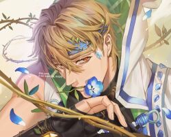  1boy abs bags_under_eyes belt_collar black_gloves blonde_hair blue_flower blue_gem blue_headband bracelet brown_choker choker collar fingerless_gloves flower flower_in_mouth gem gloves glowing hair_vines hand_up headband highres holding hood jewelry looking_at_viewer male_focus mouth_hold muscular muscular_male nu_carnival official_alternate_costume orange_eyes plant portrait quincy_(buckeye_miracle)_(nu_carnival) quincy_(nu_carnival) riba_river short_hair simple_background single_bare_shoulder solo turtleneck vines yellow_gem 