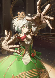  1girl ascot cecilia_immergreen closed_mouth colored_inner_hair commentary corset detached_collar detached_sleeves doll_joints dress green_corset green_dress green_eyes green_hair hand_focus highres hololive hololive_english joints looking_at_viewer multicolored_hair reaching reaching_towards_viewer red_ascot ricardo_contreras short_hair solo string two-tone_hair virtual_youtuber white_hair winding_key 