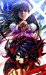  2girls angry black_hair blue_eyes clouds ebizome highlights highres kill_la_kill kiryuuin_satsuki long_hair looking_at_viewer matoi_ryuuko multicolored_hair multiple_girls redhead school_uniform serious short_hair sky standing sword tagme teeth two-tone_hair weapon 