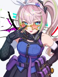  1girl absurdres bare_shoulders black_gloves black_skirt blue_eyes blue_shirt breasts buckle chest_harness commentary cowboy_shot girls'_frontline_2:_exilium girls_frontline gloves green_hair hairband hand_on_own_hip harness highres long_hair looking_at_viewer medium_breasts multicolored_gloves multicolored_hair pink_hair plunplun pouch sharkry_(girls'_frontline_2) shirt side_ponytail skirt sleeveless sleeveless_shirt snap-fit_buckle solo star-shaped_eyewear star-shaped_pupils star_(symbol) streaked_hair symbol-shaped_pupils tongue tongue_out two-tone_gloves two-tone_hair white_hairband yellow_gloves yellow_pupils 