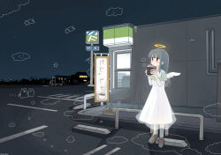  1girl :| angel angel_wings blush brown_shoes building center-flap_bangs closed_mouth commentary_request convenience_store crosswalk cup dark disposable_coffee_cup disposable_cup doodle_inset double-parted_bangs dress drink elbow_gloves gloves glowing grey_hair grey_socks guard_rail halo hands_up holding holding_cup holding_drink industrial_pipe long_hair looking_ahead motion_lines night original outdoors parking_lot ribbed_socks road shoes shop short_sleeves sign signature sky socks solo standing steam street white_dress white_gloves white_wings wide_shot wings yomoi_nui 