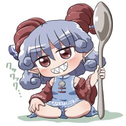  1girl bare_shoulders barefoot blue_dress blue_hair blush chibi chibi_only commentary_request curly_hair detached_sleeves dot_nose dress earrings full_body grin hair_between_eyes highres holding holding_spoon horn_ornament horn_ribbon horns jewelry long_sleeves looking_at_viewer oversized_object pointy_ears red_eyes red_sleeves ribbon rokugou_daisuke sharp_teeth sheep_girl sheep_horns short_hair signature simple_background sitting sleeveless sleeveless_dress smile solo spoon teeth touhou toutetsu_yuuma white_background wide_sleeves 