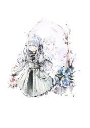  1girl absurdres bang_dream! bang_dream!_it's_mygo!!!!! black_gloves black_ribbon blue_flower blue_hair blue_rose chinese_commentary commentary_request different_reflection dress fingerless_gloves flower flower_stand_art gloves grey_dress hair_ribbon highres long_hair long_sleeves reflection ribbon rose sidelocks simple_background softree_chair togawa_sakiko white_background yellow_eyes 