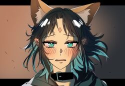  1girl animal_ears black_collar black_hair blue_hair blush cho_kaguya-hime! collar colored_inner_hair commentary_request ear_blush fangs fox_ears fox_girl highres korean_commentary long_sleeves multicolored_hair open_mouth portrait sakayori_iroha solo yllong210 