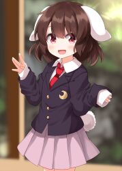  1girl alternate_costume animal_ears black_jacket blazer brown_hair collared_shirt commentary_request cosplay crescent crescent_pin floppy_ears highres inaba_tewi jacket long_sleeves looking_at_viewer medium_hair necktie open_mouth pink_skirt pleated_skirt rabbit_ears rabbit_girl rabbit_tail red_eyes red_necktie reisen_udongein_inaba reisen_udongein_inaba_(cosplay) ruu_(tksymkw) shirt skirt smile solo tail touhou white_shirt 