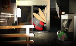  absurdres alternate_form black_sclera broken_window burger colored_sclera cup disposable_cup floating food giratina giratina_(origin) highres hoothoot kikkiku629 looking_at_viewer no_humans pokemon pokemon_(creature) pokemon_dppt pokemon_focus poster_(object) red_eyes shaymin shaymin_(land) sleeping window 