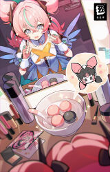  1girl absurdres aqua_hair aria_(zenless_zone_zero) blue_eyes blue_hair chinese_commentary commentary_request dress fingerless_gloves gloves hands_up highres indoors multicolored_hair nangong_yu official_art open_mouth pink_gloves pink_hair solo sparkle spoken_character streaked_hair sunna_(zenless_zone_zero) symbol-shaped_pupils teeth upper_teeth_only white_dress white_wings wings zenless_zone_zero 