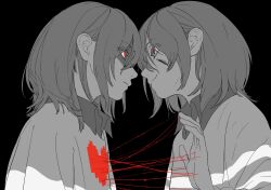  2others clone closed_mouth collared_shirt deltarune dual_persona english_commentary from_side hair_between_eyes hand_up heart highres kris_(deltarune) lantern_madoyoi long_sleeves looking_at_viewer multiple_others other_focus puffy_long_sleeves puffy_sleeves red_eyes scar scar_on_face shaded_face shirt short_hair simple_background single_stripe smile soul_(deltarune) string string_of_fate striped_clothes striped_sweater sweater upper_body utdr_(toby_fox) 