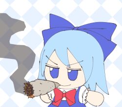  1girl blue_bow blue_dress blue_eyes blue_hair bow character_doll cirno doll dress drugs fumo_(doll) hair_bow inkerton-kun joint_(drug) looking_at_viewer marijuana pinafore_dress puffy_short_sleeves puffy_sleeves red_bow short_hair short_sleeves sleeveless sleeveless_dress smile smoking solo touhou upper_body v-shaped_eyebrows 