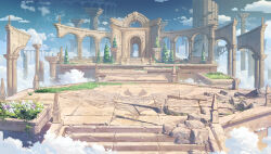  arcade_(architecture) arch broken_pillar chinese_commentary clouds colonnade column crack cracked_floor emblem floating_city flower flower_bed gate grass hanxiaodan highres lovebrush_chronicles no_humans official_art outdoors pillar ruins scenery stairs stepping_stones stone_stairs tree white_flower 