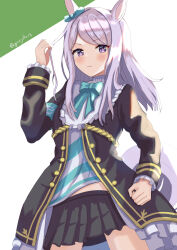  1girl absurdres animal_ears aqua_bow black_jacket black_skirt blush bow bowtie closed_mouth coat ear_bow ear_ribbon frilled_coat frilled_jacket frills guree_(haiiro) highres horse_ears horse_girl horse_tail jacket long_hair long_sleeves looking_at_viewer mejiro_mcqueen_(frontline_elegance)_(umamusume) mejiro_mcqueen_(umamusume) midriff_peek open_mouth pleated_skirt purple_hair ribbon shirt skirt solo striped_clothes striped_shirt tail umamusume violet_eyes 