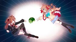  >_< 2girls :d absurdres ahoge aqua_bow aqua_bowtie asymmetrical_legwear bag bandaid bandaid_on_knee bandaid_on_leg black_cardigan black_leg_warmers black_skirt black_socks blue_eyes blue_sailor_collar blue_skirt blush bow bowtie broken_heart broken_heart_hair_ornament brown_hair brown_shoes cardigan closed_mouth collared_shirt demon_girl demon_horns evil_neuro-sama fang floating floating_hair from_side full_body hair_between_eyes hair_ornament hair_ribbon heart heart_hair_ornament highres horns jitome knee_up leg_warmers light_particles light_rays lingyou loafers long_hair long_sleeves looking_at_another lounging miniskirt multiple_girls neuro-sama off-shoulder_cardigan outstretched_arm pleated_skirt profile reaching reaching_towards_another red_bag red_bow red_bowtie red_eyes red_ribbon ribbon sailor_collar shirt shoes shoulder_bag siblings sisters skirt skull_hair_ornament smile socks sweatdrop the_creation_of_adam torn_bowtie torn_hair_ribbon turtle twins two_side_up uneven_legwear vedal987 vedal_ai virtual_youtuber white_shirt yellow_cardigan 