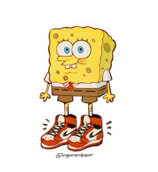 1boy artist_name blue_eyes brown_shorts collared_shirt commentary_request full_body highres male_focus necktie nike_(company) notice_lines numbers_(pigpenandpaper) red_necktie red_shoes shirt shoes short_sleeves shorts simple_background solo spongebob_squarepants spongebob_squarepants_(series) standing white_background white_shirt 