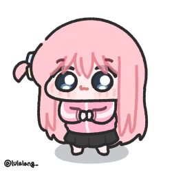  1girl black_skirt blue_eyes bocchi_the_rock! chibi chibi_only closed_mouth commentary english_commentary full_body gotoh_hitori highres jacket long_hair looking_at_viewer lulalang one_side_up own_hands_together pink_hair pink_jacket simple_background skirt smile solo standing twitter_username white_background 