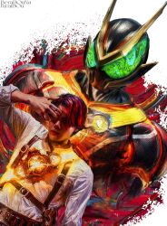 1boy black_bodysuit bodysuit commentary_request green_eyes henshin_pose highres kamen_rider kamen_rider_zeztz kamen_rider_zeztz_(series) kamen_rider_zeztz_catastrom obakelope0530 shirt short_hair simple_background tokusatsu white_background white_shirt yorozu_baku zeztz_driver