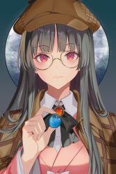  1girl absurdres alternate_costume bespectacled black_bow black_bowtie bow bowtie brooch brown_hair brown_hat brown_jacket chinese_commentary closed_mouth collared_shirt commentary_request deerstalker detective glasses hat highres holding houraisan_kaguya jacket jewelry long_hair looking_at_viewer open_clothes open_jacket pink_eyes shirt solo touhou white_shirt zhaoxi_ran_gu 