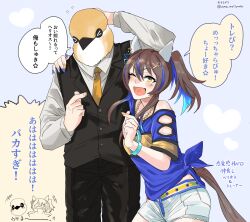  >_< 1boy 1girl animal_ears bird_boy black_pants black_vest blue_background blue_hair blue_shirt brown_hair commentary_request daitaku_helios_(fun_fun_party_night)_(umamusume) daitaku_helios_(umamusume) ear_covers facial_mark fang finger_heart fingernails flying_sweatdrops hair_ornament hairclip hand_on_own_head heart highres horse_ears horse_girl horse_tail jewelry long_hair long_sleeves midriff_peek multicolored_hair necklace necktie open_mouth pants ponytail shirt short_sleeves shorts simple_background smile streaked_hair tail tied_shirt trainer_(umamusume) translation_request uma_motiyodor umamusume vest white_shorts yellow_necktie 