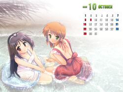  2006 2girls antenna_hair back_bow backless_dress backless_outfit barefoot beach black_hair bow calendar_(medium) closed_mouth dress from_above green_eyes hairband hand_on_another's_thigh kneeling long_hair looking_at_viewer looking_to_the_side multiple_girls nyaou_(round_facer) october orange_hair original outdoors red_bow red_dress red_eyes shore short_hair sitting sleeveless sleeveless_dress smile tan tanlines wariza water white_dress white_hairband 