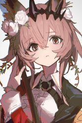  1girl animal_ears arknights black_shrug black_tiara brown_hair collared_shirt flower frown hair_flower hair_ornament holding holding_staff looking_at_viewer red_pupils rose sawayaka_samehada shirt short_hair shrug_(clothing) simple_background solo staff tiara upper_body vendela_(arknights) white_background white_flower white_rose white_shirt 