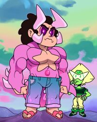  1boy 1girl black_hair colored_skin commentary crop_top denim discount-supervillain dragon_ball dragon_ball_gt english_commentary forehead_jewel frown gem gem_(steven_universe) highres jeans monster_boy muscular muscular_male pants pectorals peridot_(steven_universe) short_hair steven_quartz_universe steven_universe steven_universe_future stomach_jewel toon_(style) 