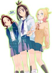  3girls alternate_costume black_hair blonde_hair blue_eyes bow bowtie closed_mouth collared_shirt commentary_request cube_hair_ornament eyelashes green_bow green_bowtie grin hair_ornament harmony_(pokemon) highres hood hood_down hooded_jacket jacket knees lida_(pokemon) long_hair looking_down multiple_girls necktie orange_sweater pleated_skirt pokemon pokemon_legends:_z-a shirt skirt smile socks sweater taunie_(pokemon) teeth topknot twitter_username watermark white_shirt woppero_prpr 