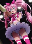  1boy 1girl blue_eyes choker cure_melody frilled_skirt haruyama_kazunori heart houjou_hibiki long_hair magical_girl midriff open_mouth pink_hair pink_legwear precure skirt suite_precure thighhighs twintails very_long_hair 