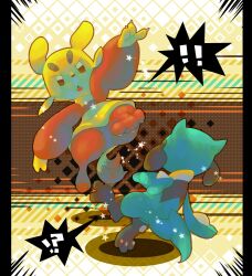  ! !? brown_eyes fangs fighting full_body hinekure kicking mienfoo no_humans open_mouth pawpads pillarboxed pokemon pokemon_(creature) riolu spoken_exclamation_mark spoken_interrobang star_(symbol) 