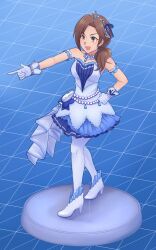  1girl absurdres breasts brown_eyes brown_hair commentary dancing dress english_commentary fortnite full_body gloves hair_over_shoulder hand_on_own_hip high_heels highres idolmaster idolmaster_cinderella_girls ivlice kawashima_mizuki looking_ahead open_mouth pantyhose parody pearl_choker pointing ponytail shoes solo standing starry_sky_bright_(idolmaster) strapless strapless_dress tiara white_gloves white_pantyhose white_shoes 