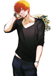  1boy absurdres black_shirt bleach bouquet bracelet brown_eyes closed_mouth collarbone commentary_request cowboy_shot denim hand_in_pocket highres holding holding_bouquet ihsekodwww jeans jewelry kurosaki_ichigo long_sleeves looking_at_viewer male_focus midriff_peek orange_hair pants shirt short_hair simple_background solo spiky_hair v-neck white_background 