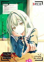  1girl absurdres bang_dream! bang_dream!_it's_mygo!!!!! blood blue_shirt closed_mouth commentary_request desk green_hair hair_ornament hairclip highres hoshihan_hoshi_han long_hair long_sleeves looking_at_viewer mortis_(bang_dream!) mortis_(persona)_(bang_dream!) plectrum pointing pointing_at_viewer school_desk school_uniform shirt sidelocks solo tsukinomori_school_uniform viewfinder wakaba_mutsumi yellow_eyes 