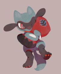  closed_mouth full_body grey_background highres hinekure hugging_object no_humans one_eye_closed pawpads pillow pillow_hug pokemon pokemon_(creature) red_eyes riolu simple_background solo 
