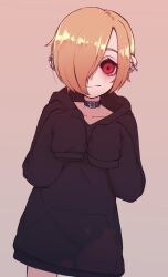  1girl black_collar black_hoodie blonde_hair closed_mouth collar commentary cowboy_shot ear_piercing gradient_background hair_over_one_eye hands_up highres hood hood_down hoodie idolmaster idolmaster_cinderella_girls k-rha's long_sleeves looking_at_viewer no_pants piercing red_eyes shirasaka_koume short_hair sleeves_past_fingers sleeves_past_wrists solo standing 