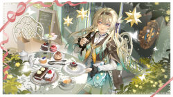  1girl aqua_hair aqua_skirt black_hairband cake cake_slice chair chinese_commentary commentary_request cropped_jacket firefly_(honkai:_star_rail) food fork gradient_hair grey_hair hair_between_eyes hairband highres holding holding_fork honkai:_star_rail honkai_(series) knife long_hair long_sleeves looking_at_viewer multicolored_hair on_chair open_mouth outdoors shirt sitting skirt smile solo spoon teapot white_shirt zuozhan_xing59 