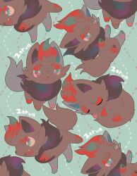  blue_background blue_eyes bright_pupils character_name closed_eyes commentary_request fang highres hinekure multiple_views no_humans open_mouth pawpads pokemon pokemon_(creature) sleeping white_pupils zorua 