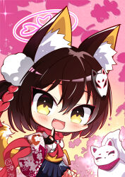  1girl :d absurdres animal_ear_fluff animal_ears black_gloves black_skirt blue_archive blush brown_hair cherry_blossom_print chibi chibi_only commentary cowboy_shot eyes_visible_through_hair eyeshadow fang floral_print floral_print_kimono fox fox_ears fox_girl fox_hair_ornament fox_tail gloves gradient_background hair_between_eyes hair_ornament halo hand_up happy highres izuna_(blue_archive) japanese_clothes kimono kuji-in long_sleeves looking_at_viewer makeup medium_hair miniskirt mochikumo neckerchief ninja one_side_up open_mouth partially_fingerless_gloves pink_background pink_eyeshadow pink_halo pleated_skirt pom_pom_(clothes) pom_pom_hair_ornament print_kimono red_neckerchief school_uniform shirt simple_background skirt smile solo sparkle tail white_shirt wide_sleeves yellow_background yellow_eyes 