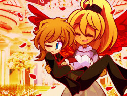  1boy 1girl ^_^ anime_coloring bird_wings black_jacket black_pants black_scrunchie black_suit blonde_hair blue_eyes blue_pupils brown_hair church closed_eyes commentary couple cowboy_shot dark-skinned_female dark_skin dot_nose dress_pants english_commentary falling_petals feathered_wings feet_out_of_frame fur-trimmed_vest fur_trim grey_shirt hair_ornament hair_scrunchie hand_on_another's_back hand_on_another's_leg happy hetero high_ponytail husband_and_wife indoors interracial jacket light_blush long_hair long_sleeves looking_at_viewer medium_hair necktie one_eye_closed open_mouth original outline pants petals photo_background ponytail red_necktie red_wings reverse_princess_carry rhythm_pagi rose_petals scrunchie self_hug shirt smile spread_wings standing suit tareme tuxedo two-tone_shirt vest white_outline white_shirt wings yellow_background 