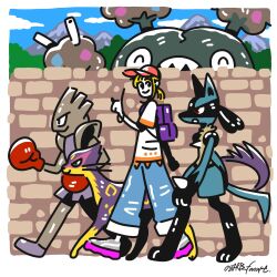  1girl backpack bag baseball_cap blonde_hair blue_pants blue_sky border brick_wall closed_eyes closed_mouth clouds commentary day english_commentary garbodor green_eyes grey_shoes hat highres hitmonchan liepard lucario mountainous_horizon official_artist_extra open_mouth osare_graffiti outdoors pants pokemon pokemon_(creature) pokemon_team ponytail purple_bag red_eyes red_hat sharp_teeth shirt shoes short_sleeves signature sky smile teeth walking white_border white_shirt 