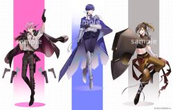  3boys ;d ammunition_belt arm_up arm_wrap armor armored_boots ascot bandages_over_clothes belt belt_buckle black_belt black_boots black_gloves black_jacket black_pants black_ribbon blonde_hair blue_ascot blue_background blue_cape blue_eyes blue_hair boots breast_pocket brown_eyes brown_hair brown_pants buckle cape chinese_clothes closed_mouth collared_shirt column_lineup_background copyright_notice crop_top cross cross_print crossed_bangs cuff_links cummerbund dress_shirt dual_wielding ear_piercing fantasy floating floating_gun floating_object floating_weapon full_body gloves grey_background grid_background gun hair_between_eyes hair_ribbon handgun high-waist_pants highres holding holding_gun holding_sheath holding_shield holding_sword holding_weapon holster if_(ireisu) ireisu jacket jacket_on_shoulders knee_boots latin_cross lineup long_hair long_hair_between_eyes long_sleeves looking_at_viewer male_focus midriff multicolored_hair multiple_boys naiko_(ireisu) necktie official_art one_eye_closed open_collar over_shoulder pants pants_tucked_in pauldrons piercing pink_background pink_eyes pink_hair pocket ponytail purple_pants rapier red_sash ribbon rifle saikyou_tank_no_meikyuu_kouryaku_~tairyoku_9999_no_rare_skill-mochi_tank_yuusha_party_wo_tsuihou_sareru~ sample_watermark sash saw_(dtn_error) sheath shield shirt shirt_tucked_in short_hair short_ponytail shoulder_armor single_pauldron single_vambrace sleeve_cuffs sleeveless sleeveless_shirt smile standing standing_on_one_leg stomach_tattoo streaked_hair swept_bangs sword tangzhuang tassel tattoo thigh_holster turning_head undone_necktie unsheathing utaite vambraces waist_sash watermark weapon weapon_formation weapon_over_shoulder white_background white_shirt yusuke_(ireisu) 