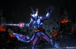  1boy armor artist_name blue_armor bodysuit brave_dragon_wonder_ride_book fire gloves glowing glowing_eyes haouken_xross_saber highres holding holding_sword holding_weapon horns kamen_rider kamen_rider_saber kamen_rider_saber_(series) kamen_rider_xross_saber kenning_spica purple_bodysuit purple_gloves rider_belt seiken_swordriver single_horn solo sword tokusatsu weapon white_eyes wonder_ride_book 