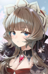  1girl absurdres black_bow black_collar blue_eyes bonnet bow brown_hair collar commentary detached_collar fur_trim gem genshin_impact glint hair_bow highres light_blush long_hair looking_at_viewer lucky_mimi12 portrait red_gem sandrone_(genshin_impact) snowflakes solo 