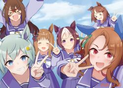  >_< 6+girls animal_ears blue_eyes blue_sky blush bow bowtie braid breasts brown_hair closed_eyes closed_mouth clouds collarbone commentary_request domino_mask double_v ear_bow ear_covers ear_ribbon el_condor_pasa_(umamusume) eye_mask flower golden_generation_(umamusume) grass_wonder_(umamusume) green_bow grey_hair hair_between_eyes hair_flower hair_ornament hairclip half_up_braid highres horse_ears horse_girl king_halo_(umamusume) long_hair long_sleeves looking_at_viewer mask multicolored_hair multiple_girls open_mouth pleated_skirt ponytail purple_bow purple_sailor_collar purple_serafuku purple_shirt purple_skirt red_eyes sailor_collar sailor_shirt school_uniform seiun_sky_(umamusume) serafuku shirt short_hair single_ear_cover skirt sky smile special_week_(umamusume) streaked_hair sunflower sunflower_hair_ornament t_rura_07 teeth tracen_school_uniform tsurumaru_tsuyoshi_(umamusume) two-tone_hair umamusume v violet_eyes white_bow white_bowtie white_hair 