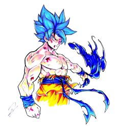  1boy blue_hair blue_sandals clenched_hands dragon_ball muscular muscular_male one_eye_closed orange_pants pants red_eyes sandals sash signature simple_background solo son_goku spiky_hair super_saiyan super_saiyan_blue to_the_maxio upper_body waist_sash white_background 