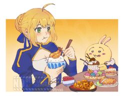  1girl 1other ahoge animal_ears artist_name artoria_pendragon_(fate) black_eyes blonde_hair blue_bow blue_cape blue_dress blush border bow bowl braid braided_bun breasts buttons bvixii cake cake_slice cape chiikawa chocolate chopsticks cleavage_cutout closed_mouth clothing_cutout colored_skin creature criss-cross_halter crossover dress eating english_commentary fate/stay_night fate_(series) fingernails fish_(food) food food_on_face fruit fur-trimmed_cape fur_trim gradient_background green_eyes hair_between_eyes hair_bow hair_bun halterneck hands_up holding holding_chopsticks holding_spoon huge_ahoge ice_cream icing juliet_sleeves lemon lemon_slice licking long_sleeves looking_afar looking_at_another macaron meat medium_breasts orange_background outside_border plate puffy_sleeves rabbit_ears rice rice_bowl saber_(fate) salad short_hair shrimp shrimp_tempura sidelocks smile spoon strawberry table tempura tongue tongue_out two-tone_dress upper_body usagi_(chiikawa) watermark white_border white_dress yellow_skin 
