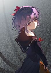  1girl aged_down amiably_02 black_serafuku black_shirt black_skirt bow chest_bow child commentary_request cowboy_shot fate/extra fate_(series) from_side hair_between_eyes hair_bow highres holding holding_suitcase long_sleeves looking_at_viewer looking_back matou_sakura matou_sakura_(fate/extra) open_mouth pink_bow pink_eyes pleated_skirt puffy_long_sleeves puffy_sleeves purple_hair red_bow sailor_collar school_uniform serafuku shadow shirt short_hair skirt solo standing suitcase 