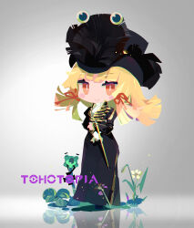  1girl absurdres alternate_costume black_coat black_hat blonde_hair blush blush_stickers closed_eyes closed_mouth coat commentary_request copyright_name frog full_body gloves gradient_background grey_background hair_ribbon hat highres long_sleeves looking_at_viewer military_uniform moriya_suwako official_art orange_eyes orange_ribbon reflection reflective_liquid ribbon single_glove smile solo tohotopia touhou wanzilala16 white_background white_gloves 