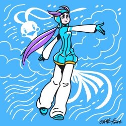  altaria aqua_background aqua_gloves aqua_hat aqua_shoes closed_mouth commentary english_commentary full_body gloves hat highres long_hair long_sleeves official_artist_extra osare_graffiti pokemon pokemon_(creature) pokemon_rse purple_hair shoes signature smile winona_(pokemon) 