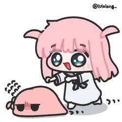  1girl :d blue_eyes bocchi_the_rock! chasing chibi chibi_only creature dress fleeing flying_sweatdrops gotoh_futari gotoh_hitori gotoh_hitori_(tsuchinoko) highres jitome lulalang medium_hair open_mouth pink_hair running siblings simple_background sisters smile twitter_username two_side_up white_background white_dress 