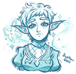  1girl artist_name closed_mouth commentary english_commentary eyelashes fairy highres lips monochrome official_alternate_hair_length official_alternate_hairstyle pixie_cut pointy_ears princess_zelda prototype_design rosie_(supnovagy) short_hair simple_background solo sparkle the_legend_of_zelda the_legend_of_zelda:_tears_of_the_kingdom thick_eyebrows very_short_hair white_background 