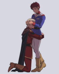  2boys amuro_ray arm_behind_head blonde_hair boots brown_hair cape char's_counterattack char_aznable commentary_request epaulettes gundam head_hug highres holding hug kneeling long_sleeves military military_uniform multiple_boys short_hair simple_background yy0880yy zeon 